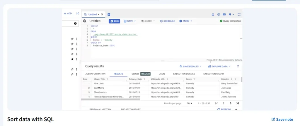 A SQL query running in Google BigQuery inside the Google Data Analytics Analyze Data course