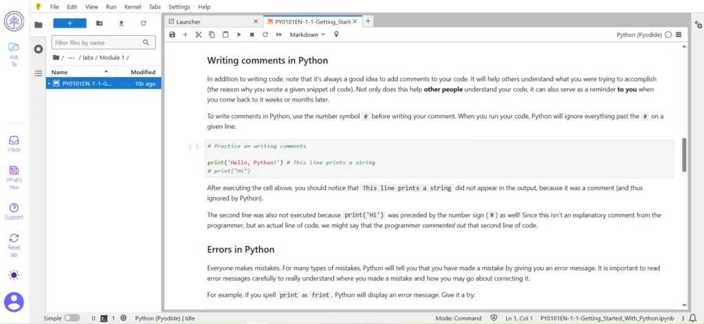 Python lab in JupyterLab inside the IBM Data Analyst Python for Data Science course